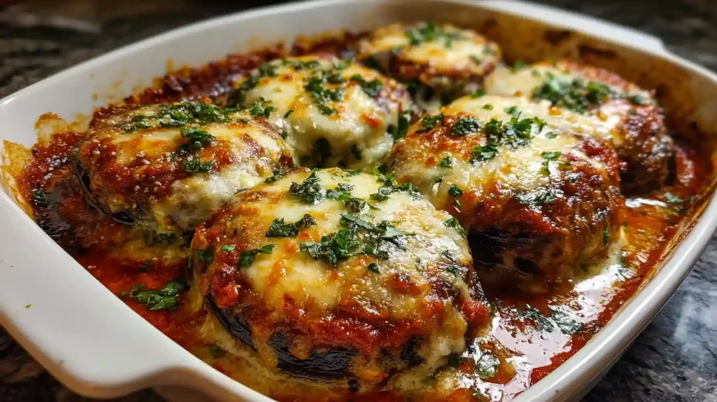 Classic eggplant Parmesan in white 9x13 casserole dish with two pounds eggplant sliced into one-third-inch rounds salted and sweated 30-60 minutes, dredged in flour egg and seasoned Italian breadcrumb-Parmesan coating, fried golden in olive oil, layered with 32 ounces marinara and 16 ounces shredded whole-milk mozzarella baked uncovered at 375°F for 30-35 minutes