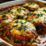 Classic eggplant Parmesan in white 9x13 casserole dish with two pounds eggplant sliced into one-third-inch rounds salted and sweated 30-60 minutes, dredged in flour egg and seasoned Italian breadcrumb-Parmesan coating, fried golden in olive oil, layered with 32 ounces marinara and 16 ounces shredded whole-milk mozzarella baked uncovered at 375°F for 30-35 minutes