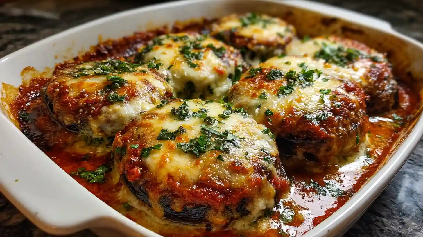 Classic eggplant Parmesan in white 9x13 casserole dish with two pounds eggplant sliced into one-third-inch rounds salted and sweated 30-60 minutes, dredged in flour egg and seasoned Italian breadcrumb-Parmesan coating, fried golden in olive oil, layered with 32 ounces marinara and 16 ounces shredded whole-milk mozzarella baked uncovered at 375°F for 30-35 minutes