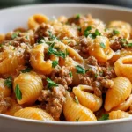 Creamy beef and shells one-pot dinner ready 30 minutes with 1.5 pounds ground chuck browned 2 tablespoons olive oil large Dutch oven medium-high 7 minutes seasoned salt pepper, onion diced pushed edges sautéed 4-5 minutes softened, 5 garlic cloves sliced added 2 minutes golden, half teaspoon red pepper flakes 30 seconds, 28-ounce can plum tomatoes hand-crushed 4 cups low-sodium beef stock added brought boil, 1 pound medium pasta shells stirred in cooked al dente stirring often, 1 cup heavy cream mixed, heat off half cup Pecorino Romano quarter cup torn basil folded served