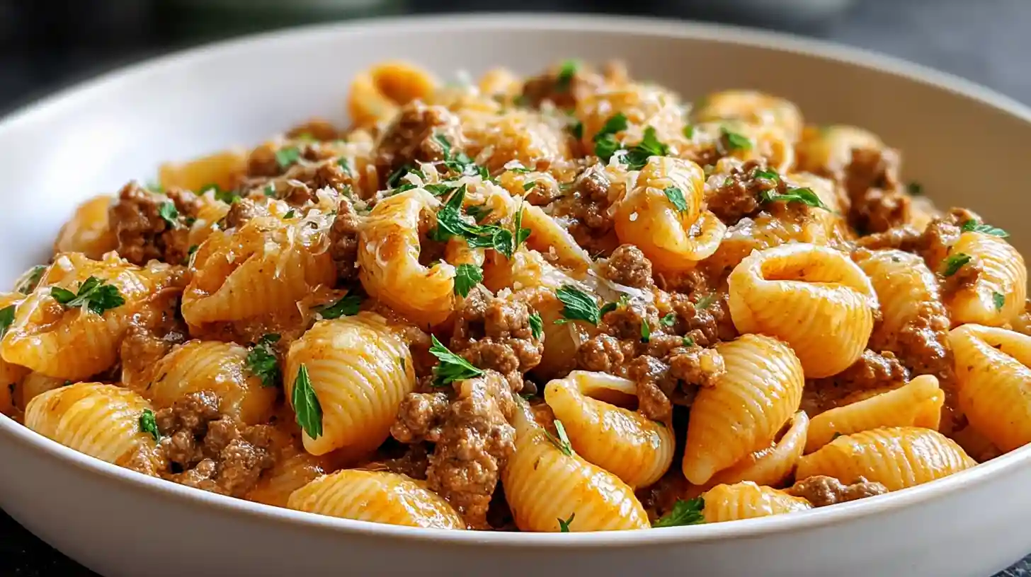 Creamy beef and shells one-pot dinner ready 30 minutes with 1.5 pounds ground chuck browned 2 tablespoons olive oil large Dutch oven medium-high 7 minutes seasoned salt pepper, onion diced pushed edges sautéed 4-5 minutes softened, 5 garlic cloves sliced added 2 minutes golden, half teaspoon red pepper flakes 30 seconds, 28-ounce can plum tomatoes hand-crushed 4 cups low-sodium beef stock added brought boil, 1 pound medium pasta shells stirred in cooked al dente stirring often, 1 cup heavy cream mixed, heat off half cup Pecorino Romano quarter cup torn basil folded served