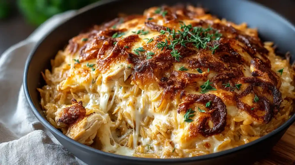 French onion chicken orzo casserole in oven-safe cast iron skillet with 30-40 minutes slowly caramelized yellow onions, two cups shredded rotisserie chicken, one and a half cups toasted orzo, one tablespoon Worcestershire sauce, beef broth, heavy cream, and melted Gruyère cheese baked uncovered at 375°F for 20-25 minutes until gloriously golden and bubbling