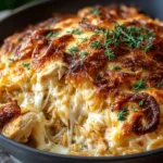 French onion chicken orzo casserole in oven-safe cast iron skillet with 30-40 minutes slowly caramelized yellow onions, two cups shredded rotisserie chicken, one and a half cups toasted orzo, one tablespoon Worcestershire sauce, beef broth, heavy cream, and melted Gruyère cheese baked uncovered at 375°F for 20-25 minutes until gloriously golden and bubbling