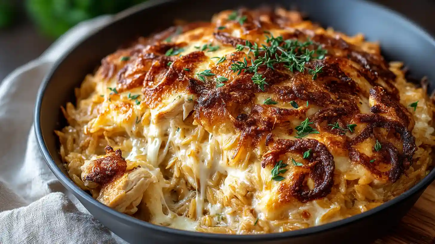 French onion chicken orzo casserole in oven-safe cast iron skillet with 30-40 minutes slowly caramelized yellow onions, two cups shredded rotisserie chicken, one and a half cups toasted orzo, one tablespoon Worcestershire sauce, beef broth, heavy cream, and melted Gruyère cheese baked uncovered at 375°F for 20-25 minutes until gloriously golden and bubbling