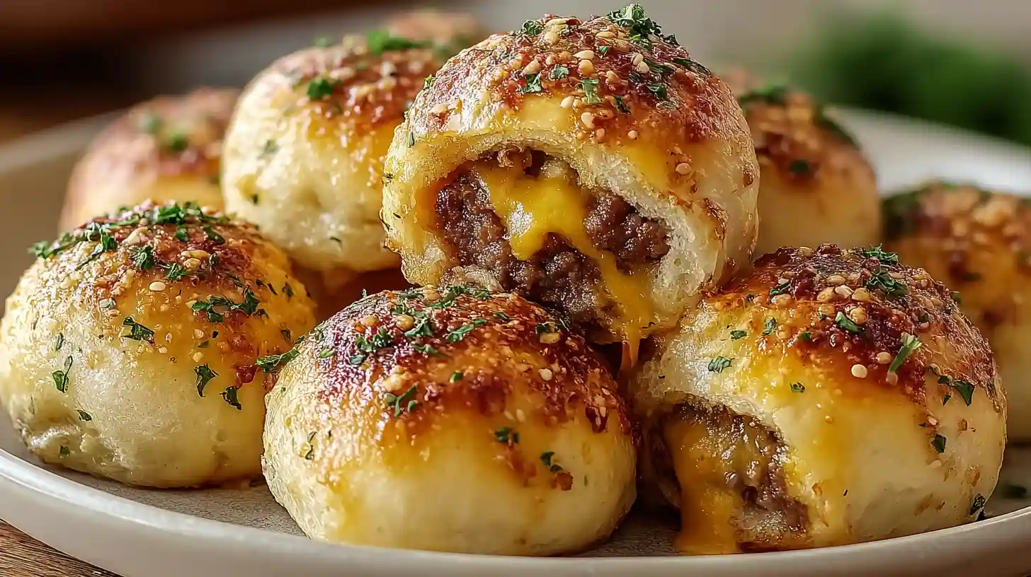 Garlic Parmesan cheeseburger bombs with one pound ground beef browned with two cloves minced garlic, drained, then mixed with one cup shredded cheddar cheese cubed for epic cheese pulls, half cup freshly grated Parmesan, salt, pepper, and one teaspoon each garlic powder and onion powder - scooped into eight flattened circles of 16.3-ounce refrigerated flaky biscuit dough, wrapped and sealed seam-side down, brushed generously with two tablespoons melted butter mixed with extra Parmesan, and baked at 375°F for 12-15 minutes until deeply golden