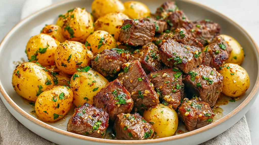 Garlic steak bites and potatoes recipe in one cast iron skillet with one pound sirloin steak cut into bite-sized cubes seasoned with half teaspoon each salt, pepper, and garlic powder, seared over high heat until deeply golden, combined with one pound Yukon gold potatoes cooked in one tablespoon olive oil and two tablespoons garlic butter with four cloves minced garlic, one teaspoon dried rosemary, and one teaspoon dried oregano until fork-tender - tossed together and garnished with fresh chopped parsley