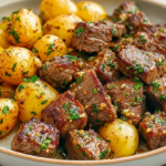 Garlic steak bites and potatoes recipe in one cast iron skillet with one pound sirloin steak cut into bite-sized cubes seasoned with half teaspoon each salt, pepper, and garlic powder, seared over high heat until deeply golden, combined with one pound Yukon gold potatoes cooked in one tablespoon olive oil and two tablespoons garlic butter with four cloves minced garlic, one teaspoon dried rosemary, and one teaspoon dried oregano until fork-tender - tossed together and garnished with fresh chopped parsley