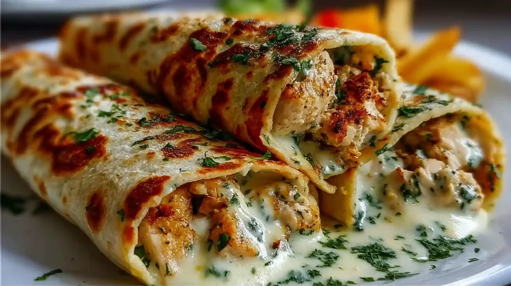 Low carb cheesy garlic chicken wraps stacked three high on wooden board with two cups shredded rotisserie chicken, two grated garlic cloves, light mayo, Greek yogurt, hot sauce, one cup mozzarella, half cup shredded cheddar, and sliced green onions rolled in large low-carb tortillas pan-fried golden crispy 3-4 minutes per side