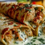 Low carb cheesy garlic chicken wraps stacked three high on wooden board with two cups shredded rotisserie chicken, two grated garlic cloves, light mayo, Greek yogurt, hot sauce, one cup mozzarella, half cup shredded cheddar, and sliced green onions rolled in large low-carb tortillas pan-fried golden crispy 3-4 minutes per side