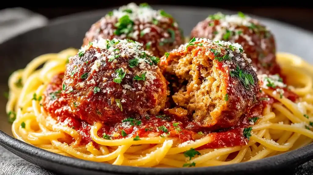 Melt-in-your-mouth Italian meatballs with half cup Italian breadcrumbs soaked in two-thirds cup milk, one pound ground beef, quarter medium onion finely grated, two minced garlic cloves, one beaten egg, quarter cup Parmigiano-Reggiano, and one tablespoon fresh parsley baked at 400°F for 18-20 minutes until deeply golden and tender