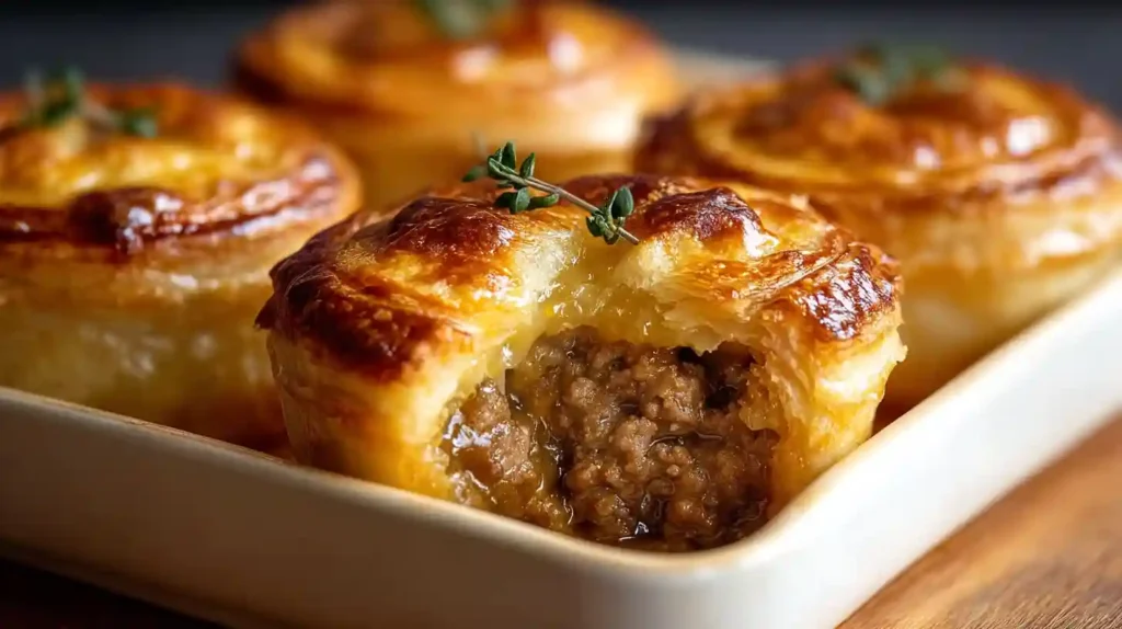 Muffin tin meat pies serving 12 using 2 refrigerated 9-inch pie crusts cut twelve 4-inch base circles and twelve 2-inch top circles pressed into greased 12-cup muffin tin, filled with 1 pound ground pork mixed half cup breadcrumbs 1 grated medium onion 1 tablespoon chopped fresh sage 1 teaspoon salt half teaspoon pepper and 1 beaten egg refrigerated until firm, tops sealed pinched fork-crimped egg-washed baked 375°F 30-35 minutes golden rested 15 minutes before popping out