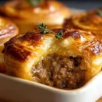Muffin tin meat pies serving 12 using 2 refrigerated 9-inch pie crusts cut twelve 4-inch base circles and twelve 2-inch top circles pressed into greased 12-cup muffin tin, filled with 1 pound ground pork mixed half cup breadcrumbs 1 grated medium onion 1 tablespoon chopped fresh sage 1 teaspoon salt half teaspoon pepper and 1 beaten egg refrigerated until firm, tops sealed pinched fork-crimped egg-washed baked 375°F 30-35 minutes golden rested 15 minutes before popping out