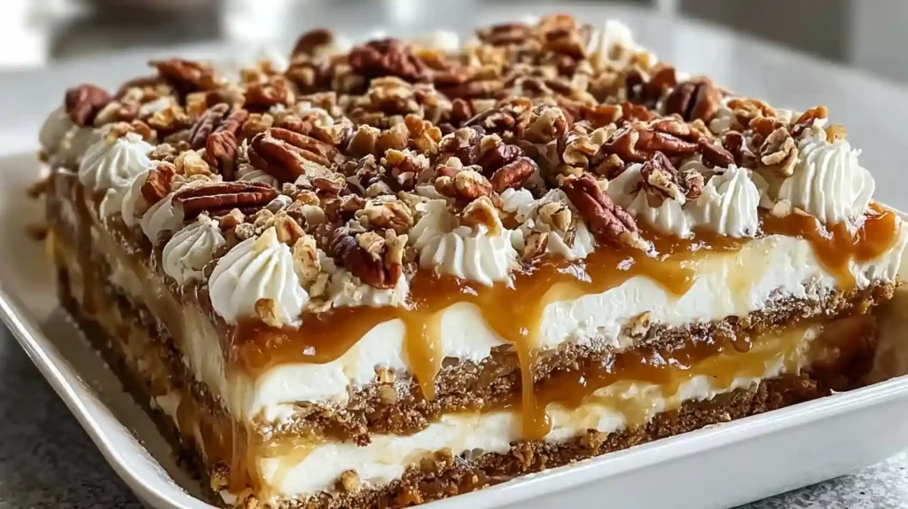 Pecan pie lasagna no-bake holiday layered dessert vanilla wafer crust cream cheese Cool Whip pecan pudding layer feeds 14 — vanilla wafer crust 1 box vanilla wafer cookies crushed fine crumbs food processor mixed melted unsalted butter light brown sugar pinch salt pressed firmly greased 9x13 dish flat-bottomed measuring cup refrigerated, cream cheese layer 8 ounces room temperature cream cheese beaten smooth powdered sugar gradually beaten fluffy, Cool Whip vanilla extract gently folded volume maintained spread offset spatula chilled crust, pudding layer 2 packages vanilla pudding mix cold milk whisked thickened chopped pecans folded spread over cream cheese layer, final whipped topping layer scattered whole pecans caramel drizzle crushed wafers garnish, covered plastic wrap refrigerated minimum 4 hours overnight sliced sharp knife wiped clean between cuts served chilled