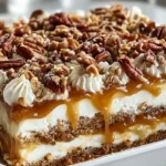 Pecan pie lasagna no-bake holiday layered dessert vanilla wafer crust cream cheese Cool Whip pecan pudding layer feeds 14 — vanilla wafer crust 1 box vanilla wafer cookies crushed fine crumbs food processor mixed melted unsalted butter light brown sugar pinch salt pressed firmly greased 9x13 dish flat-bottomed measuring cup refrigerated, cream cheese layer 8 ounces room temperature cream cheese beaten smooth powdered sugar gradually beaten fluffy, Cool Whip vanilla extract gently folded volume maintained spread offset spatula chilled crust, pudding layer 2 packages vanilla pudding mix cold milk whisked thickened chopped pecans folded spread over cream cheese layer, final whipped topping layer scattered whole pecans caramel drizzle crushed wafers garnish, covered plastic wrap refrigerated minimum 4 hours overnight sliced sharp knife wiped clean between cuts served chilled