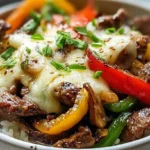 Philly cheesesteak bowls ready in 30 minutes with 1 pound lean ground beef browned half cup beef broth 1 tablespoon Worcestershire simmered 4-5 minutes liquid absorbed, 2 teaspoons olive oil same skillet 1 medium onion diced 2 green bell peppers diced 8 mushrooms diced cooked 5-6 minutes softened, beef returned mixed, 4 slices provolone cheese layered top covered lid melted 2-3 minutes, served over cooked white or brown rice cauliflower rice low-carb bowls