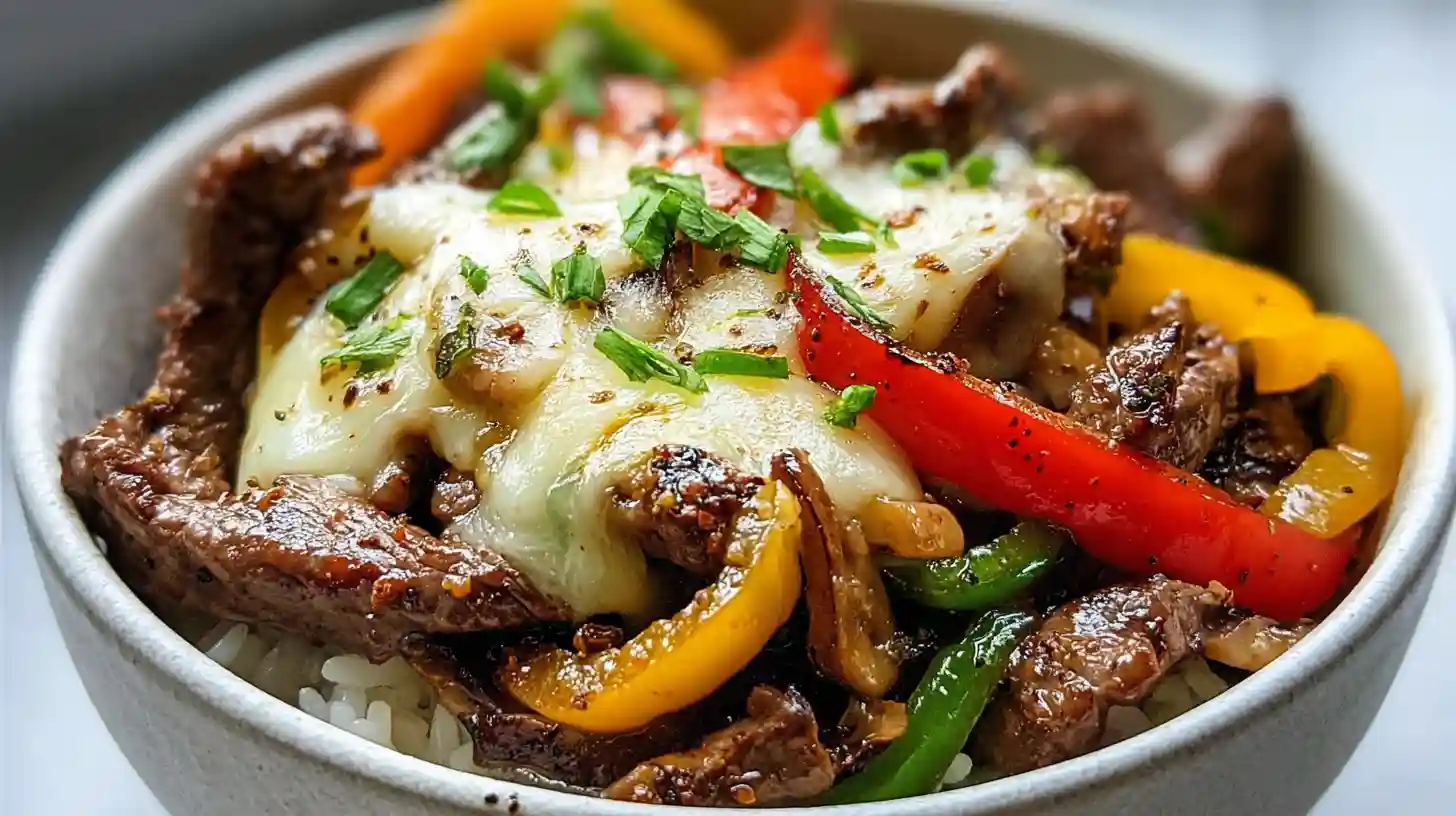 Philly cheesesteak bowls ready in 30 minutes with 1 pound lean ground beef browned half cup beef broth 1 tablespoon Worcestershire simmered 4-5 minutes liquid absorbed, 2 teaspoons olive oil same skillet 1 medium onion diced 2 green bell peppers diced 8 mushrooms diced cooked 5-6 minutes softened, beef returned mixed, 4 slices provolone cheese layered top covered lid melted 2-3 minutes, served over cooked white or brown rice cauliflower rice low-carb bowls