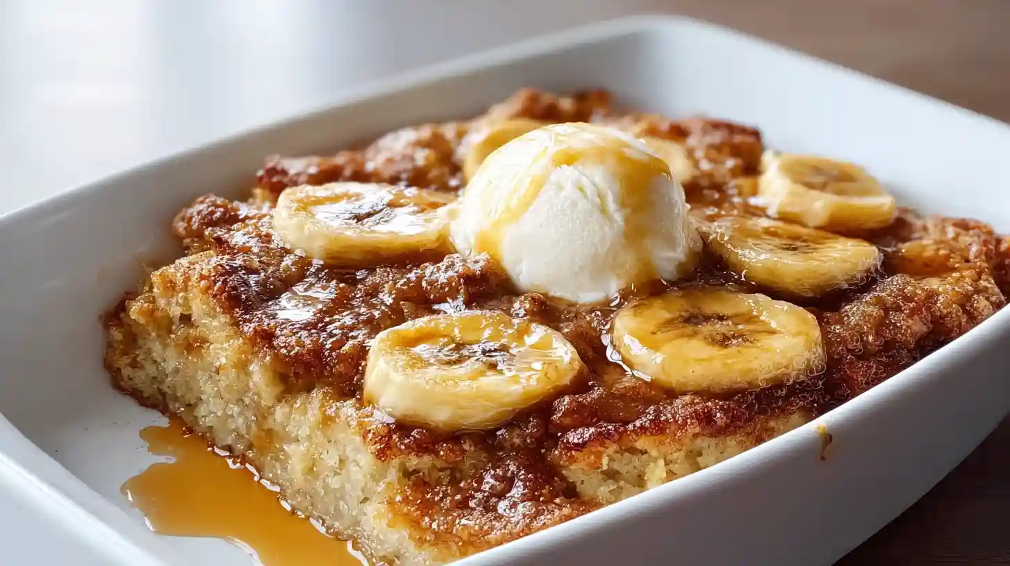 Southern banana cobbler in 9x13-inch baking dish with dump-and-bake magic batter of 1 cup self-rising flour, 1 cup granulated sugar, 1 cup whole milk whisked smooth poured over half cup melted unsalted butter never stirred, 4-5 overripe almost-black bananas sliced rounds tossed half cup brown sugar 1 teaspoon cinnamon 1 teaspoon vanilla pinch salt layered evenly over unbaked batter - baked 350°F 35-40 minutes golden batter magically rises up around caramelized bananas, rested 10 minutes served warm vanilla ice cream or whipped cream