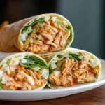 Spicy buffalo chicken wraps 15-minute tangy dinner with 1 pound boneless skinless chicken breasts sliced thin strips marinated 2 tablespoons olive oil half cup Frank's hot sauce half teaspoon paprika half teaspoon garlic powder pinch salt 10 minutes minimum, large nonstick skillet medium-high heat chicken strips cooked 4-5 minutes no longer pink 165°F internal, 4 large flour tortillas spread half cup blue cheese or ranch dressing, romaine lettuce layer, buffalo chicken strips divided, shredded carrots avocado slices added, rolled tight cut diagonal served extra dressing dipping
