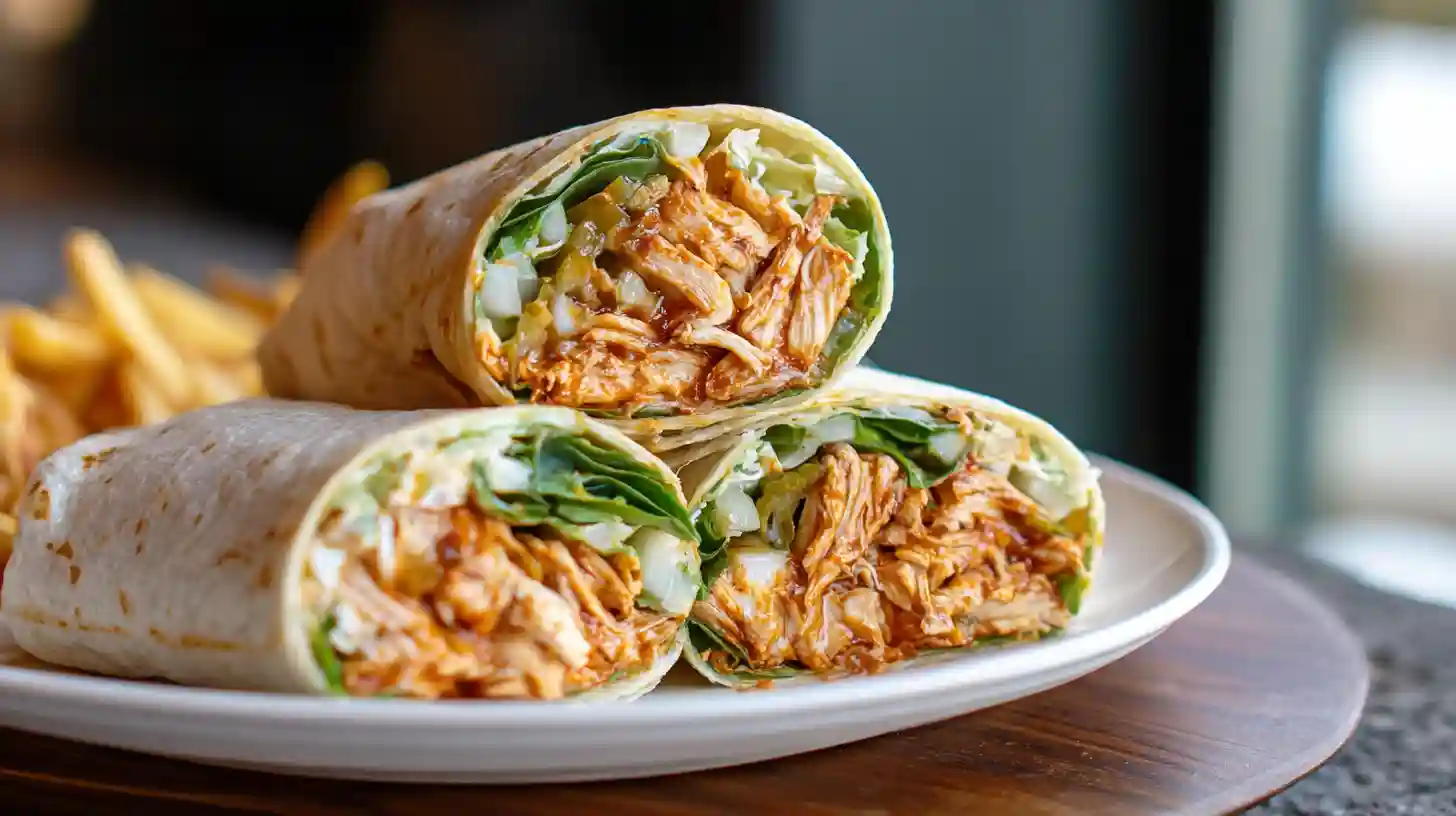 Spicy buffalo chicken wraps 15-minute tangy dinner with 1 pound boneless skinless chicken breasts sliced thin strips marinated 2 tablespoons olive oil half cup Frank's hot sauce half teaspoon paprika half teaspoon garlic powder pinch salt 10 minutes minimum, large nonstick skillet medium-high heat chicken strips cooked 4-5 minutes no longer pink 165°F internal, 4 large flour tortillas spread half cup blue cheese or ranch dressing, romaine lettuce layer, buffalo chicken strips divided, shredded carrots avocado slices added, rolled tight cut diagonal served extra dressing dipping