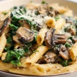 Creamy spinach mushroom pasta skillet with 10 ounces farfalle bowtie pasta cooked al dente, 16 ounces cremini mushrooms sliced and sautéed in 2 tablespoons olive oil and 1 tablespoon butter with 1 cup diced yellow onion and 2 teaspoons minced garlic over medium-high heat until golden and all liquid evaporated, seasoned salt pepper red pepper flakes Italian seasoning smoked paprika, half cup vegetable broth quarter cup heavy cream half cup shredded Parmesan stirred smooth simmered creamy, 5 ounces fresh baby spinach tossed until wilted