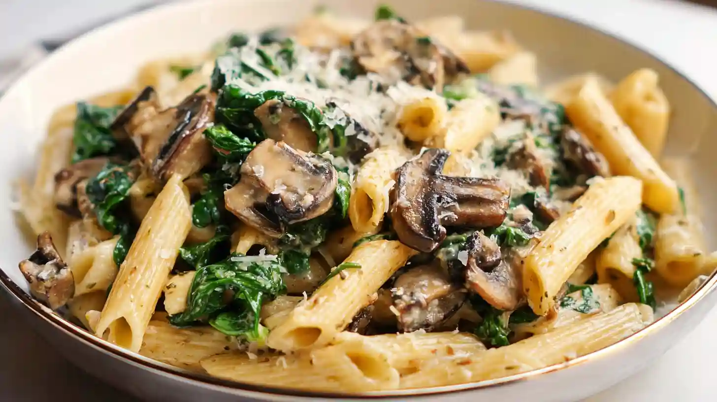 Creamy spinach mushroom pasta skillet with 10 ounces farfalle bowtie pasta cooked al dente, 16 ounces cremini mushrooms sliced and sautéed in 2 tablespoons olive oil and 1 tablespoon butter with 1 cup diced yellow onion and 2 teaspoons minced garlic over medium-high heat until golden and all liquid evaporated, seasoned salt pepper red pepper flakes Italian seasoning smoked paprika, half cup vegetable broth quarter cup heavy cream half cup shredded Parmesan stirred smooth simmered creamy, 5 ounces fresh baby spinach tossed until wilted