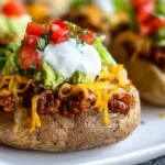 Taco potatoes with two pounds russet potatoes peeled and diced into small cubes, tossed in three to four tablespoons oil with one and a half teaspoons salt, half teaspoon pepper, one teaspoon garlic powder, and one teaspoon onion powder, air fried at 400°F for 18-20 minutes shaking the basket two to three times until golden and crispy, then layered with one pound ground beef browned and simmered with one packet taco seasoning, topped with shredded Mexican cheese, pico de gallo, guacamole, and sour cream