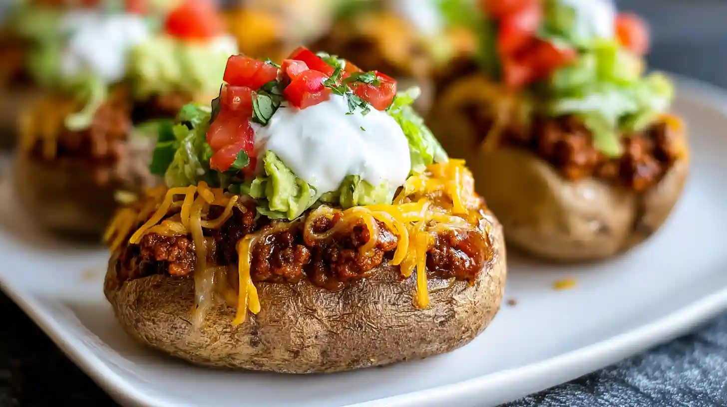 Taco potatoes with two pounds russet potatoes peeled and diced into small cubes, tossed in three to four tablespoons oil with one and a half teaspoons salt, half teaspoon pepper, one teaspoon garlic powder, and one teaspoon onion powder, air fried at 400°F for 18-20 minutes shaking the basket two to three times until golden and crispy, then layered with one pound ground beef browned and simmered with one packet taco seasoning, topped with shredded Mexican cheese, pico de gallo, guacamole, and sour cream