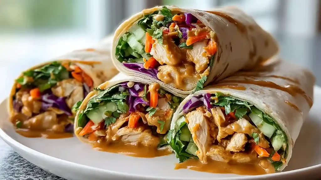 Thai peanut chicken wraps in 25 minutes with homemade peanut dressing of quarter cup natural creamy peanut butter, 2 tablespoons coconut aminos, 1 tablespoon rice wine vinegar, 1 teaspoon freshly grated ginger, 1 teaspoon honey, 2-3 tablespoons warm water whisked smooth optional red pepper flakes - 2 grilled chicken breasts sliced thin, 6 large flour tortillas filled 3 cups coleslaw mix, 1 cup shredded carrots, one-third cup roasted peanuts, quarter cup chopped fresh cilantro and chicken layered, peanut dressing drizzled, rolled tight, cut diagonal, served extra sauce