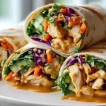 Thai peanut chicken wraps in 25 minutes with homemade peanut dressing of quarter cup natural creamy peanut butter, 2 tablespoons coconut aminos, 1 tablespoon rice wine vinegar, 1 teaspoon freshly grated ginger, 1 teaspoon honey, 2-3 tablespoons warm water whisked smooth optional red pepper flakes - 2 grilled chicken breasts sliced thin, 6 large flour tortillas filled 3 cups coleslaw mix, 1 cup shredded carrots, one-third cup roasted peanuts, quarter cup chopped fresh cilantro and chicken layered, peanut dressing drizzled, rolled tight, cut diagonal, served extra sauce