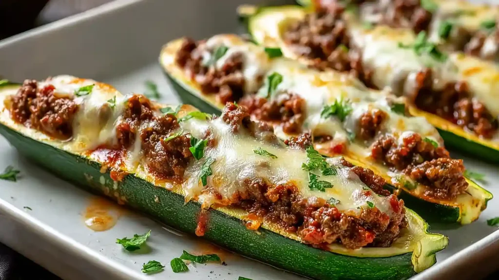 30‑Min Ground Beef Zucchini Boats golden zucchini halves on a baking sheet, filled with a savory ground beef and tomato mixture and topped with melted cheese, with lightly browned edges and a few herb specks on top