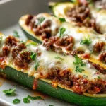 30‑Min Ground Beef Zucchini Boats golden zucchini halves on a baking sheet, filled with a savory ground beef and tomato mixture and topped with melted cheese, with lightly browned edges and a few herb specks on top