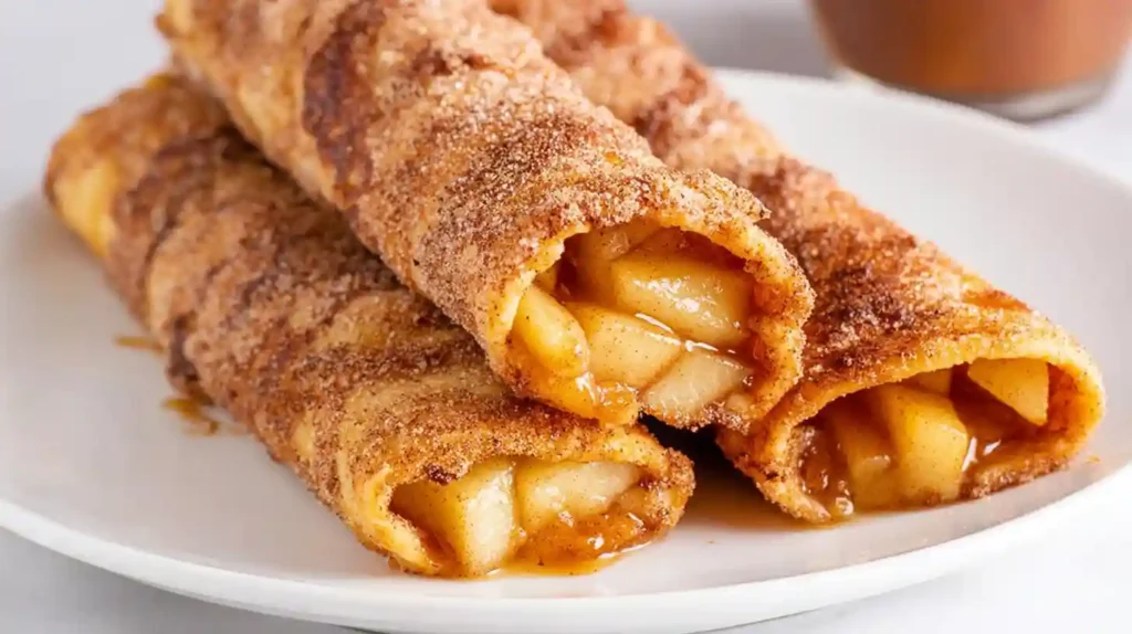 Air fryer apple pie taquitos easy 23-minute dessert 5 ingredients — 1 can 21-ounce apple pie filling 6 medium soft flour tortillas 4 tablespoons melted butter half cup granulated sugar 1 tablespoon ground cinnamon, lay tortillas flat spoon 2 tablespoons apple pie filling center each tortilla, roll tightly brush melted butter all over outside, shallow dish stir together sugar cinnamon roll buttered taquito entire outside coated, place air fryer basket seam side down no overlapping, air fry 350°F 9-11 minutes golden crispy bottom, tongs flip air fry additional 3-4 minutes all sides crispy, cool 5 minutes served warm caramel sauce dipping ice cream vanilla scoop alongside