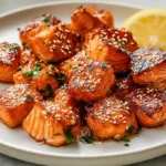 Air Fryer Salmon Bites glazed honey garlic lemon butter crispy outside tender inside served with rice broccoli and sesame seeds