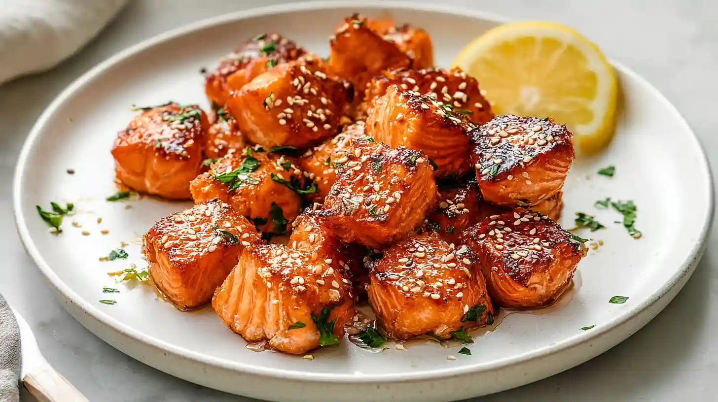 Air Fryer Salmon Bites glazed honey garlic lemon butter crispy outside tender inside served with rice broccoli and sesame seeds