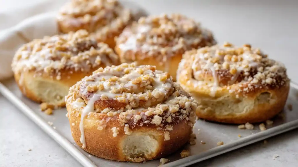 Soft fluffy apple cheesecake streusel buns with cream cheese filling spiced apples and buttery crumble topping
