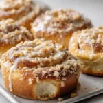 Soft fluffy apple cheesecake streusel buns with cream cheese filling spiced apples and buttery crumble topping