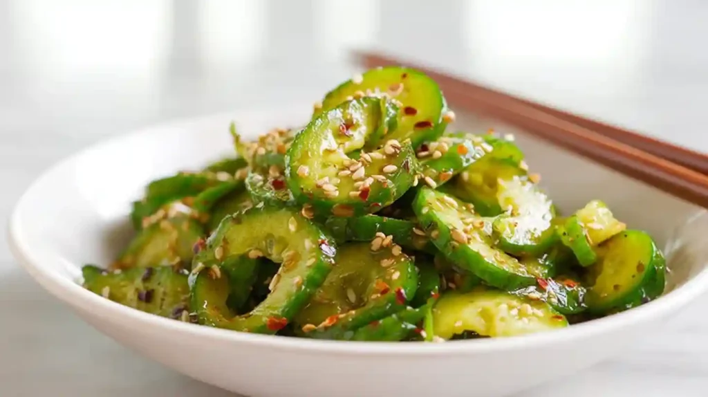 Asian cucumber salad with thinly sliced cucumbers rice vinegar sesame oil soy sauce garlic chili flakes sesame seeds and fresh cilantro