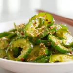 Asian cucumber salad with thinly sliced cucumbers rice vinegar sesame oil soy sauce garlic chili flakes sesame seeds and fresh cilantro