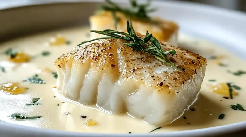 Baked cod in coconut lemon cream sauce with flaky golden fillets in a silky tropical sauce garnished with fresh parsley and lemon wedges