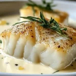 Baked cod in coconut lemon cream sauce with flaky golden fillets in a silky tropical sauce garnished with fresh parsley and lemon wedges