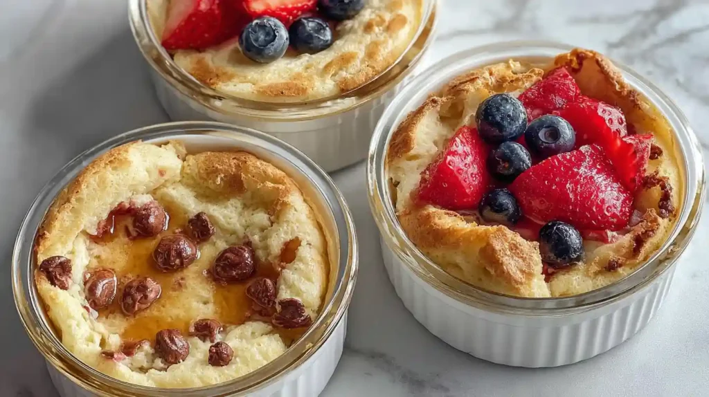 Baked Protein Pancake Bowls fluffy golden pancake‑like cakes baked in individual glass bowls, topped with fresh berries, yogurt, and a drizzle of syrup on a light‑colored tray