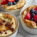 Baked Protein Pancake Bowls fluffy golden pancake‑like cakes baked in individual glass bowls, topped with fresh berries, yogurt, and a drizzle of syrup on a light‑colored tray