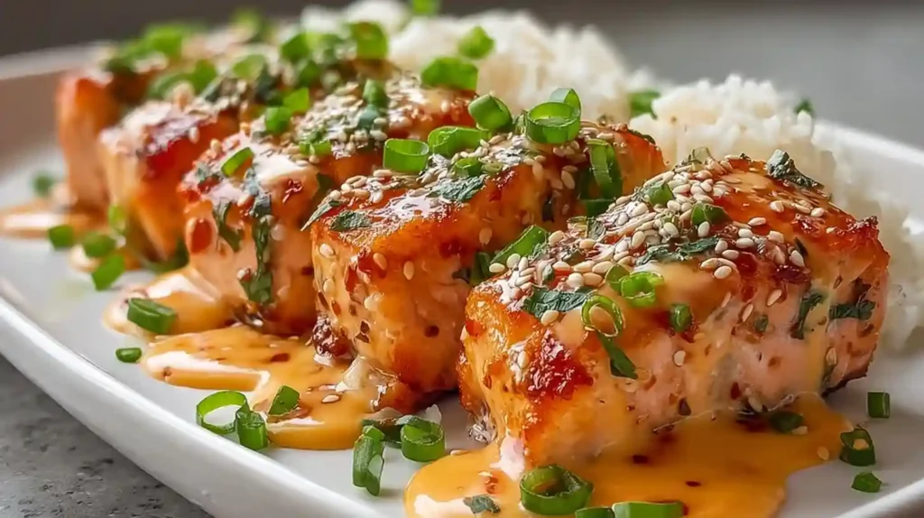 Bang Bang Salmon with creamy sweet-spicy mayo sauce broiled to golden perfection served over rice with cucumber avocado salsa