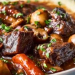 Beef Bourguignon with tender beef chunks pearl onions carrots mushrooms and rich red wine sauce garnished with fresh parsley