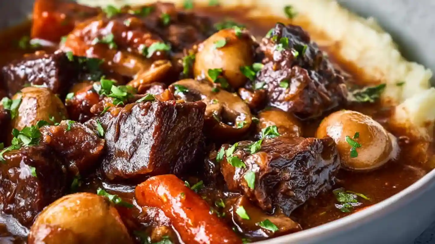 Beef Bourguignon with tender beef chunks pearl onions carrots mushrooms and rich red wine sauce garnished with fresh parsley