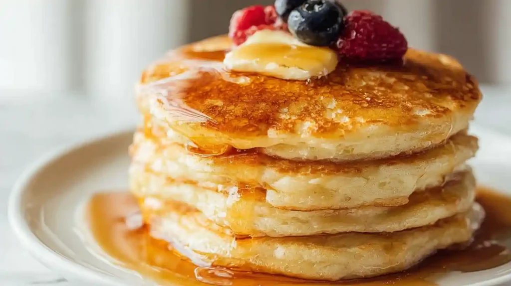Best fluffy pancakes stack golden brown thick buttermilk pancakes with melting butter dripping maple syrup and fresh blueberries