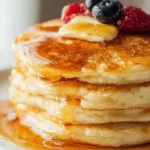 Best fluffy pancakes stack golden brown thick buttermilk pancakes with melting butter dripping maple syrup and fresh blueberries