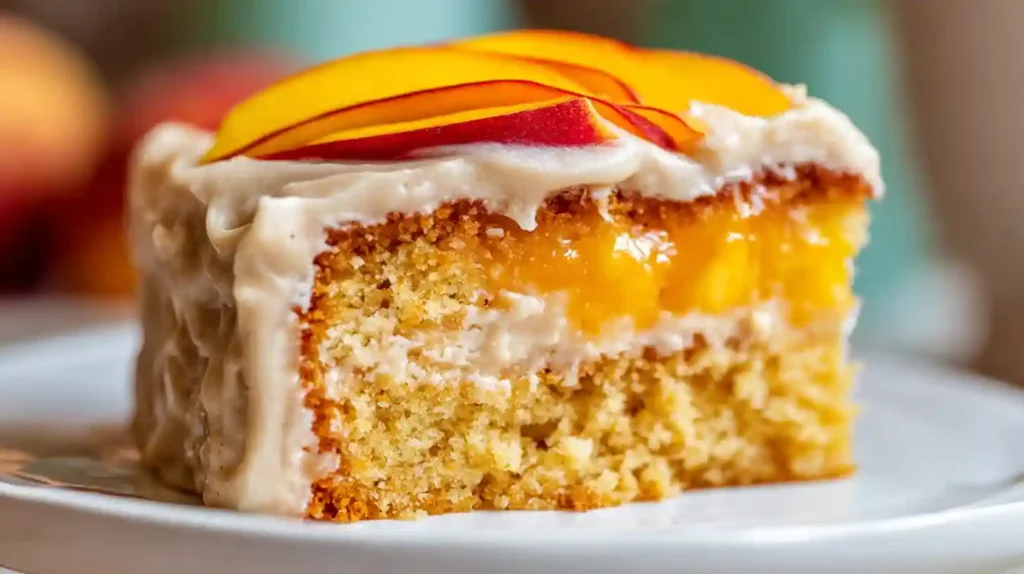 Brown sugar peach cake with juicy fresh peach chunks in a moist golden buttermilk batter drizzled with warm glossy caramel brown sugar icing in a 9x13 baking dish