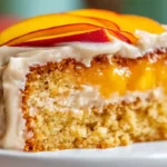 Brown sugar peach cake with juicy fresh peach chunks in a moist golden buttermilk batter drizzled with warm glossy caramel brown sugar icing in a 9x13 baking dish