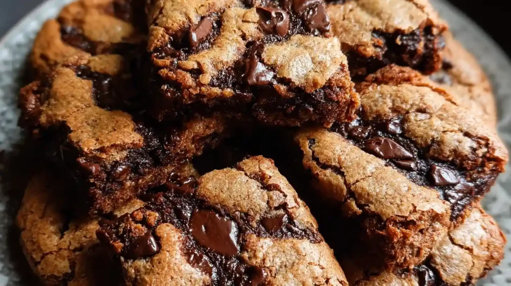 Brown butter brookies with fudgy brownie layer and chewy chocolate chip cookie base stacked golden edges melty chocolate chips flaky sea salt